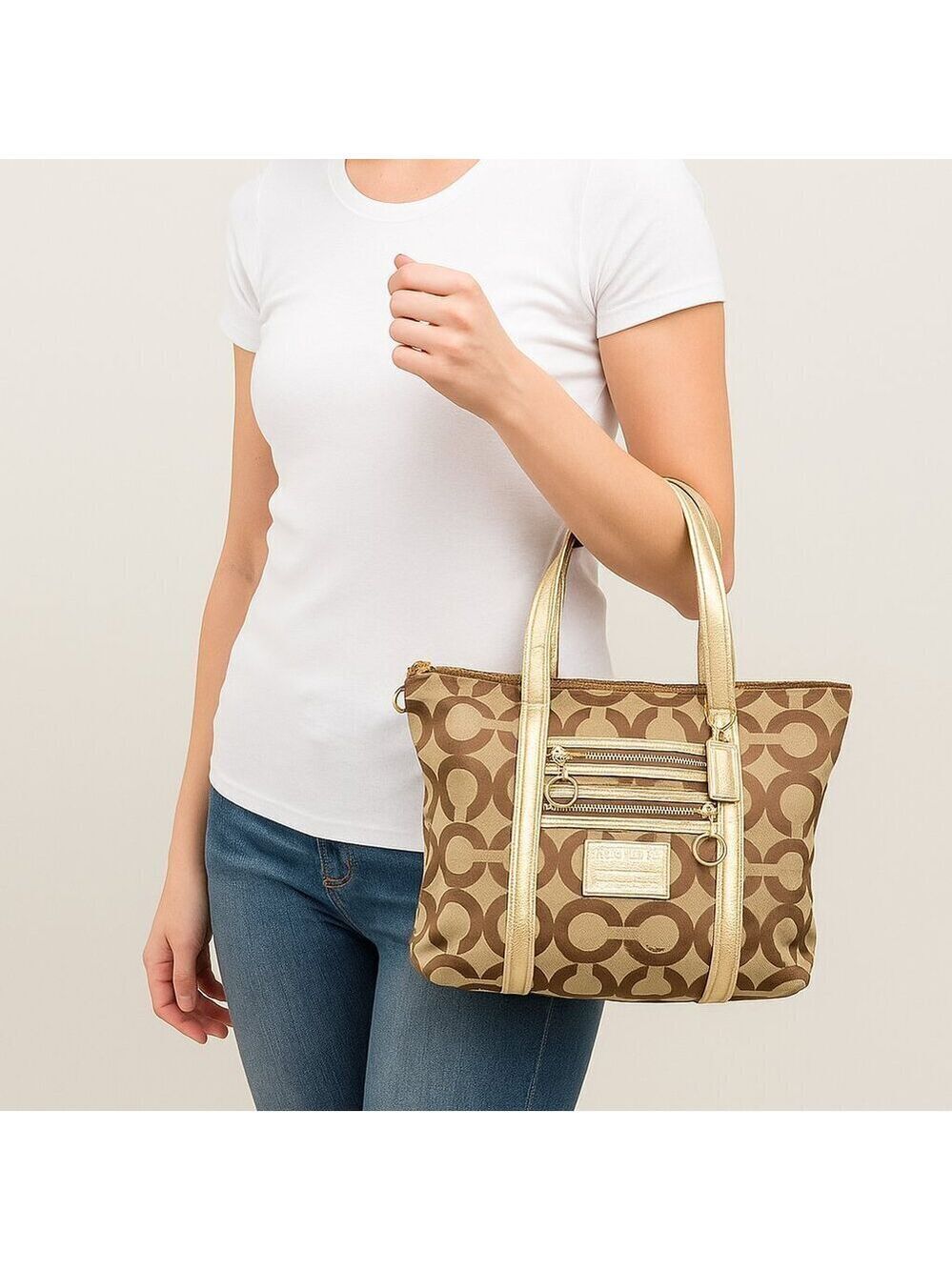 Coach Poppy Tote Large Gold Khaki - Picture 2 of 15